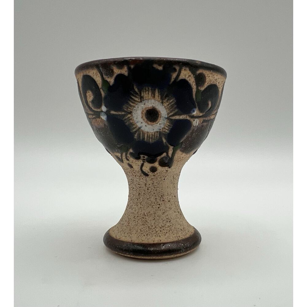 Tonala Mexican Pottery Hand Painted Egg Cup 2.5” w Blue Flower Artist Signed